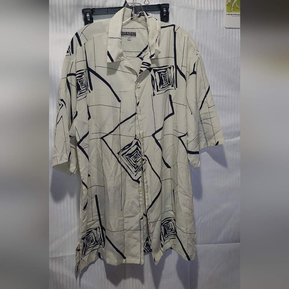 Mench XLT Navy Blue & White Abstract Button Down Short Sleeve Lightweight Shirt
